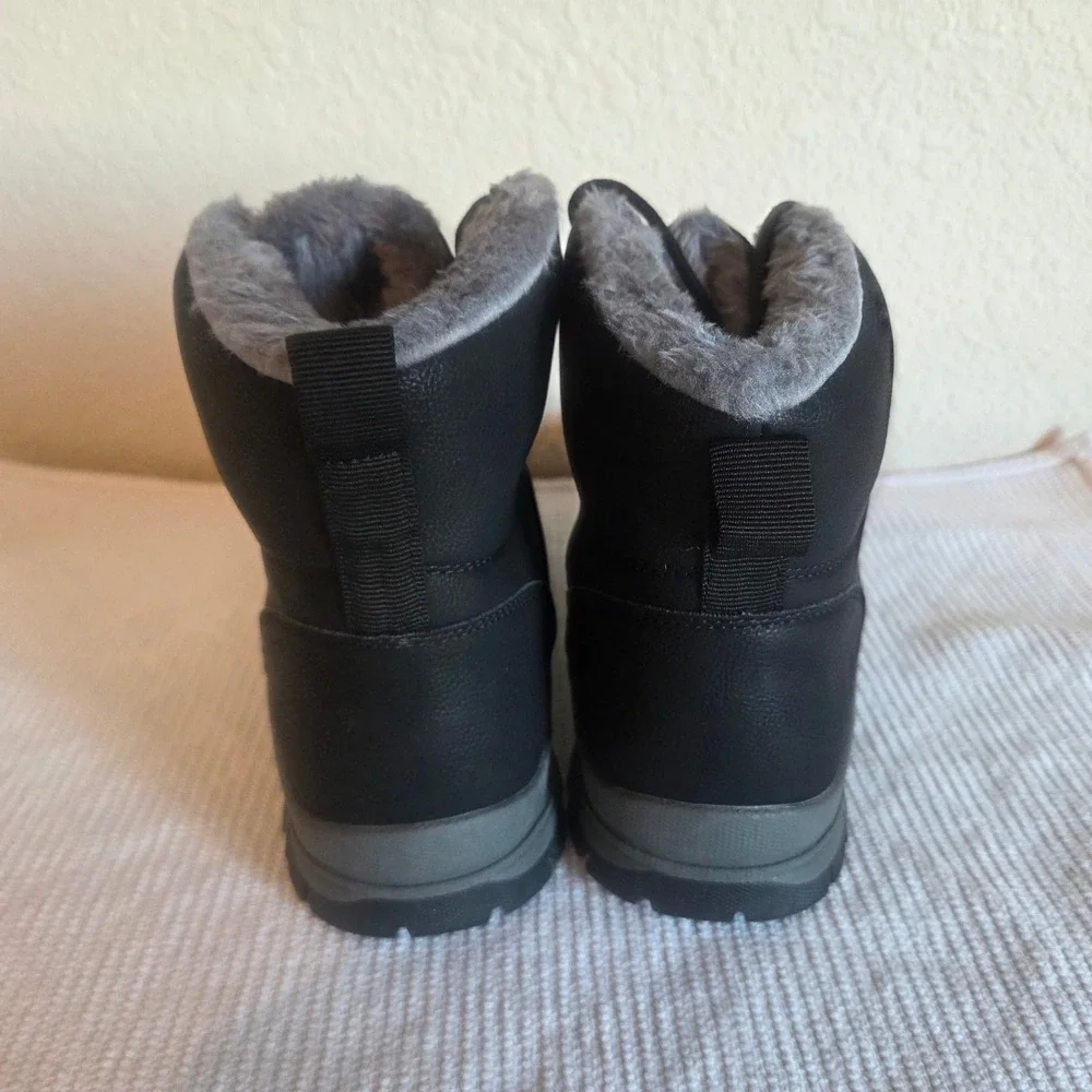 Outdoor Mens Black Winter Boots Faux Fur Lined Lace Up Hiking Snow Shoes Size 44